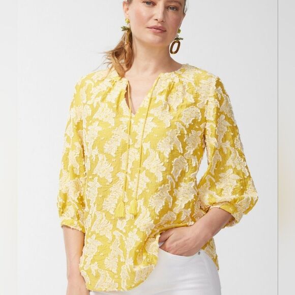 Chico's Yellow 3D Jacquard Clip Dot Top Size 2 (12) - Picture 1 of 9